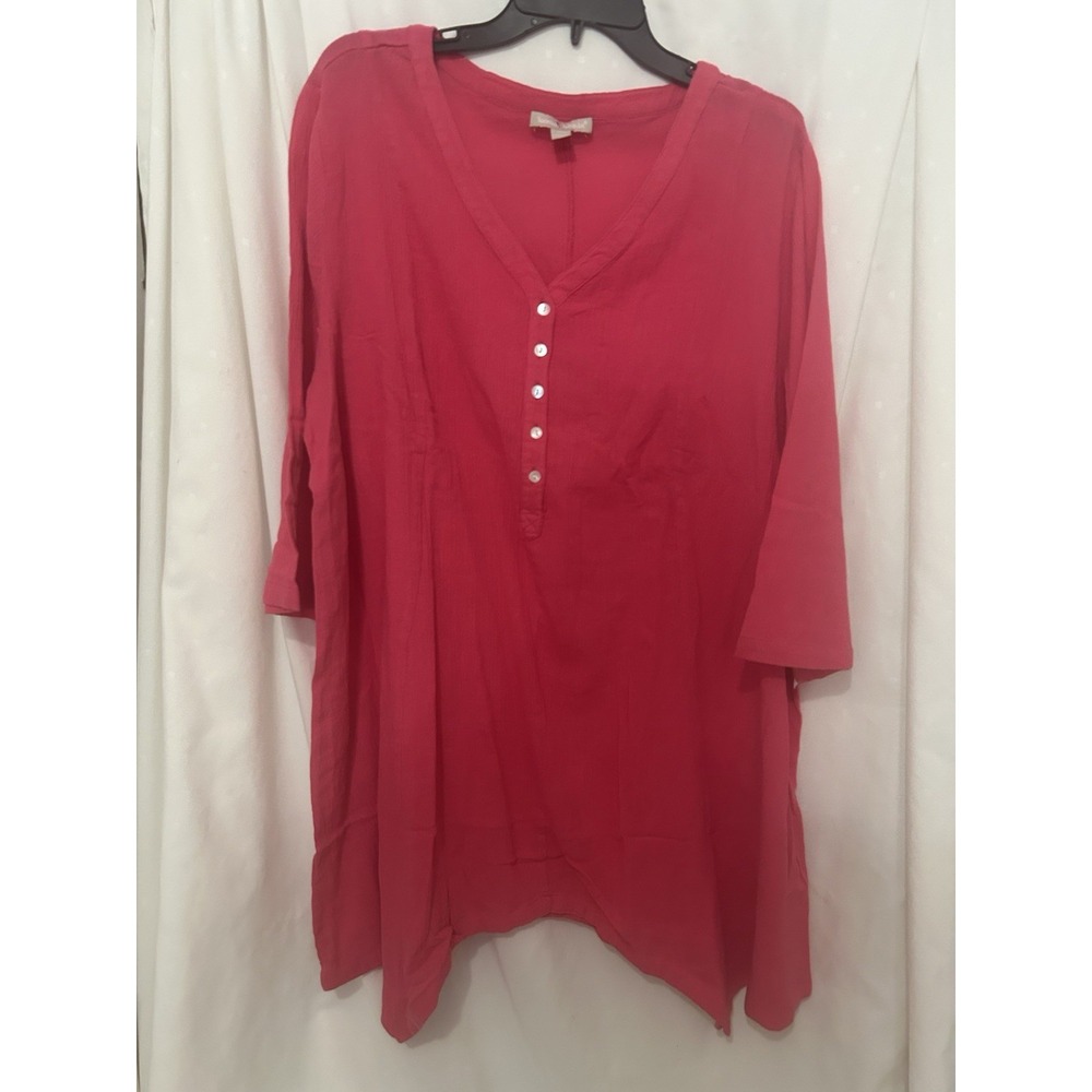 NWT Woman Within 18 / 20 L Pink Crinkle Shirt V-neck  3/4 Sleeve OVERSIZED